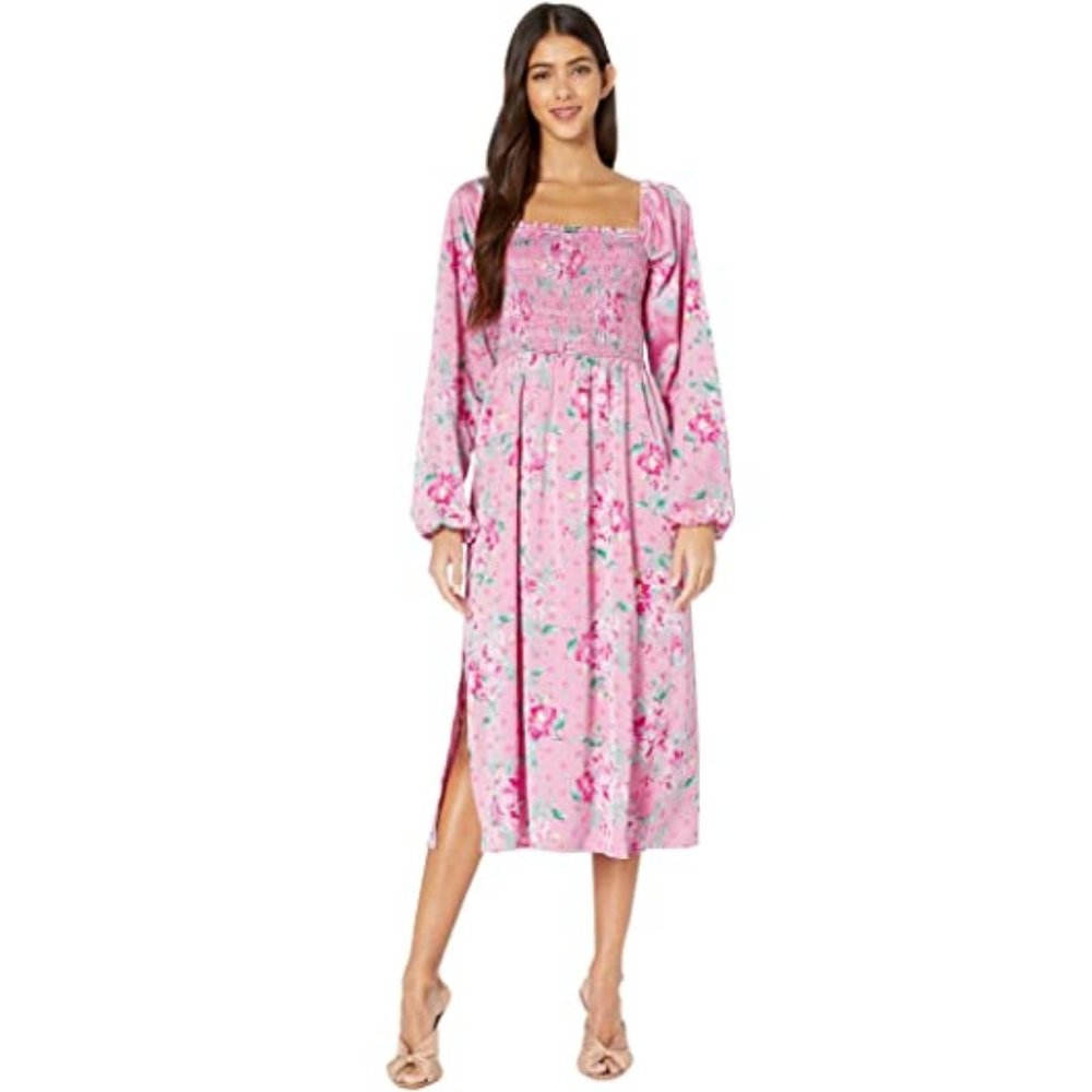 WAYF Pink Smocked Long Sleeve Midi Dress